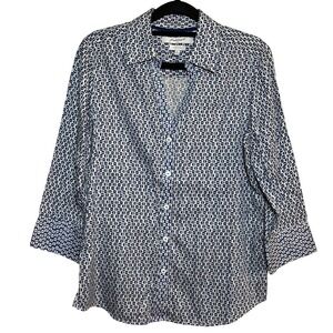 Foxcroft Wrinkle Free‎ 3/4 Sleeve Button Blouse Sz 6 Blue White Business Casual